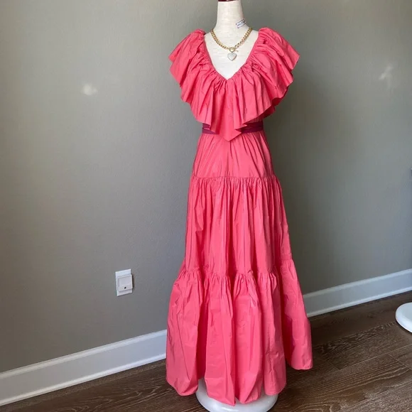 Ruffled Tiered Coral Pink Taffeta H&M DRESS -NWT princess flowy - Picture 5 of 14